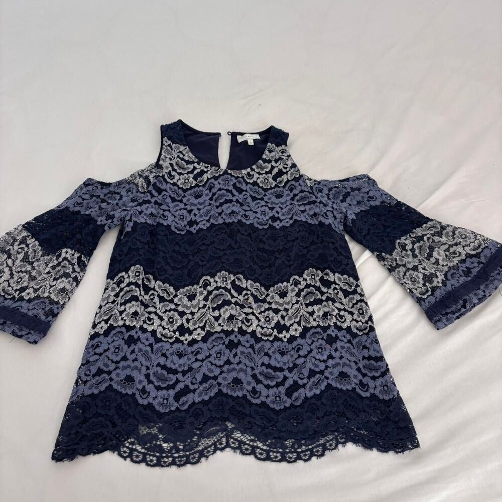 LUCKY BRAND Small Cold Shoulder Women's Blue Work Chich Detailed Navy Blouse Top